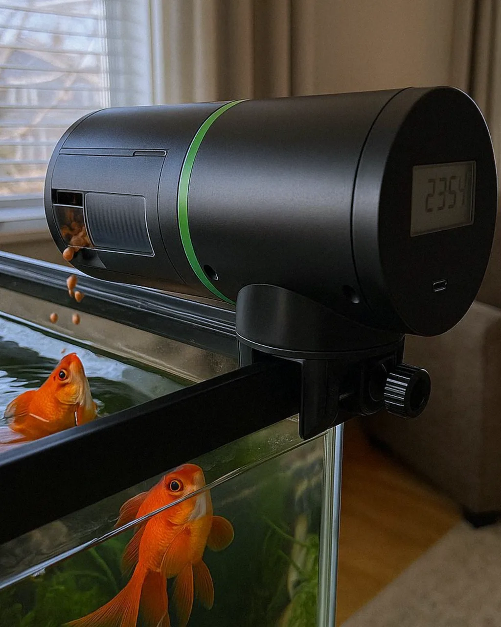 Automatic feeder clamped on a goldfish tank