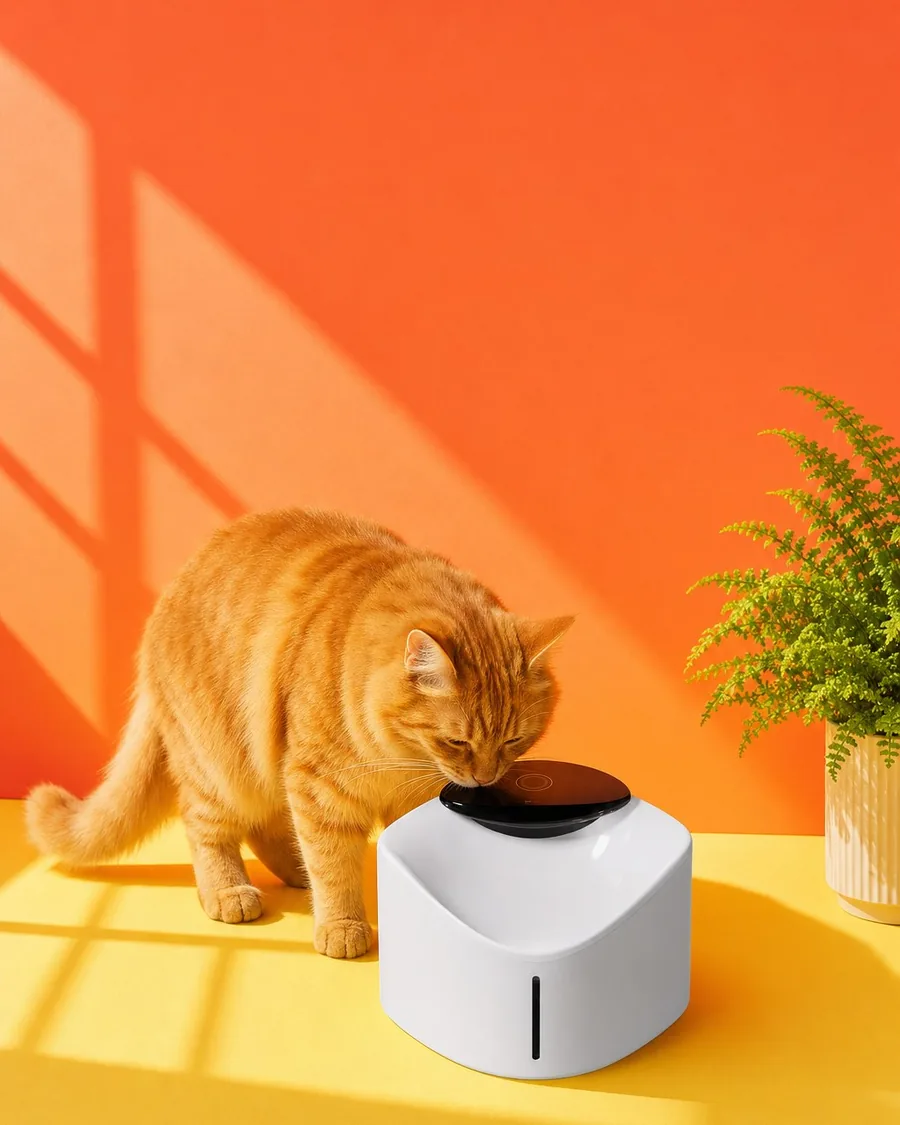 Ginger cat drinking from a smart water fountain against an orange wall