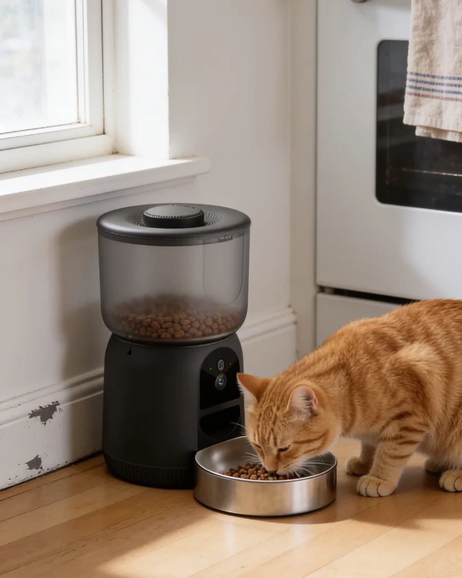 Ginger cat eating from a camera feeder in a sunny kitchen
