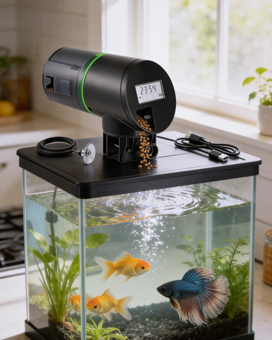 Automatic feeder on a small aquarium by a kitchen window